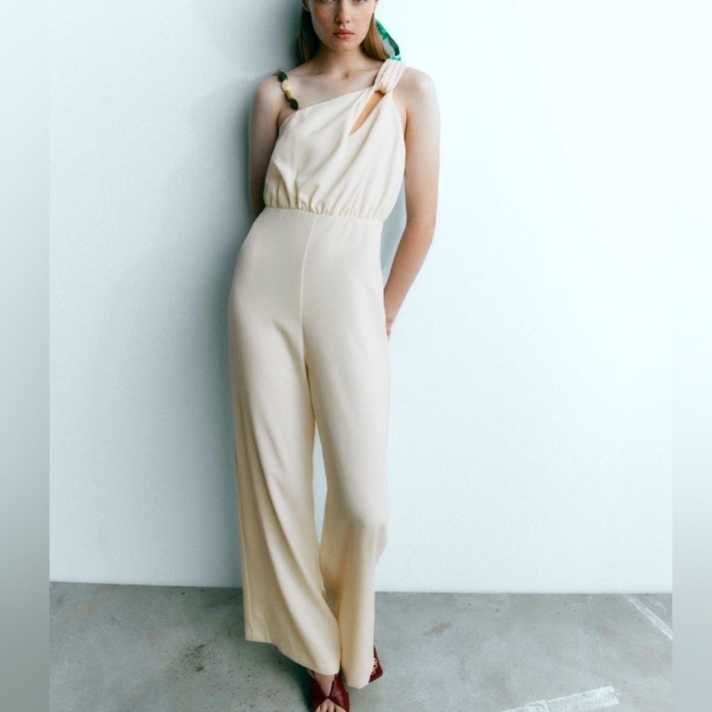 Zara Cream One-Shoulder Beaded Strap Wide-Leg Jumpsuit size medium